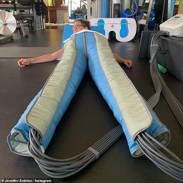 Regime: Jennifer Aniston, 54, took to Instagram last week to share a peek at her post-workout routine as she donned compression shorts for a lymphatic drainage massage