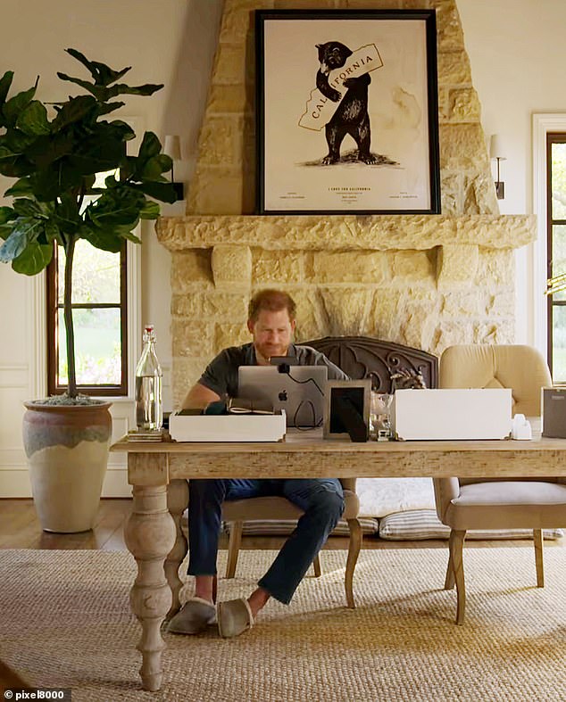 Prince Harry's new documentary Heart of Invictus is on Netflix - above, Harry is at his California home for a zoom meeting about game preparations