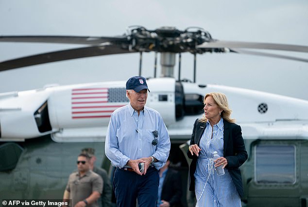 Joe and Jill Biden walk toward Air Force One before departing from Gainesville, Florida on September 2, 2023