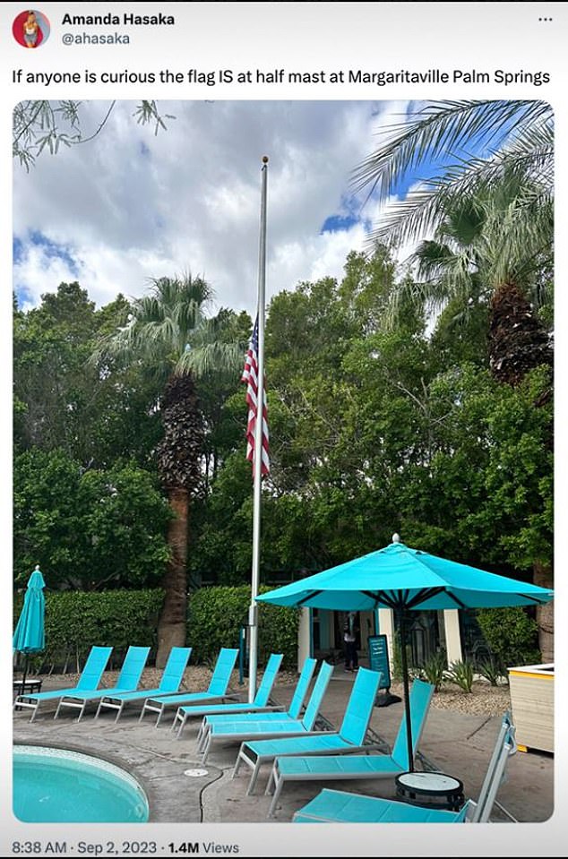 Mourning: The flag was lowered to half-staff at the Margaritaville Hotel in Palm Spring, CA and presumably at other Margaritaville locations around the world in honor of the late hitmaker