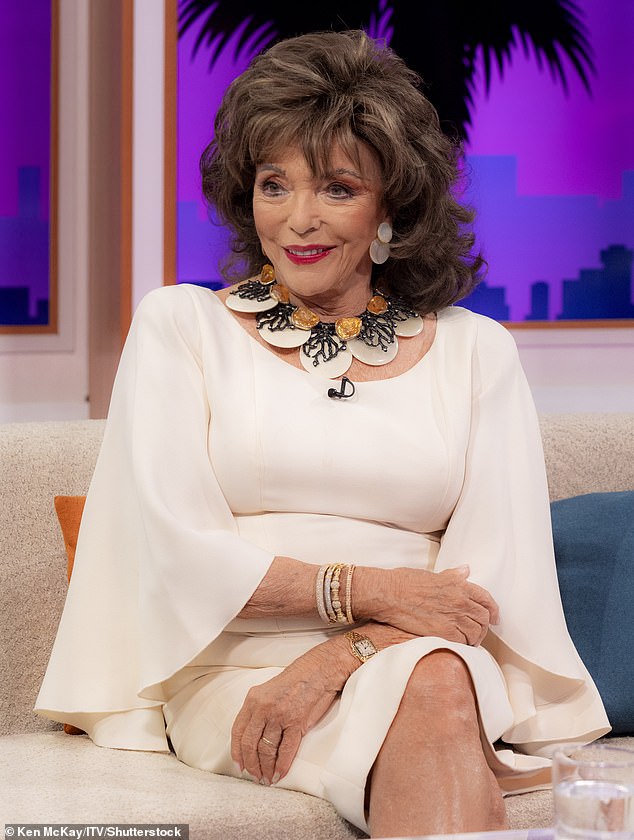 In love: Joan Collins has discussed her marriage to fifth husband Percy Gibson and says he just gets 'better and better' as time goes on