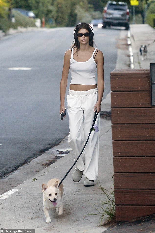 Fur-baby: DNA model and actress Kaia Gerber got dressed to take her beloved dog Milo for a walk around Los Angeles on Sunday