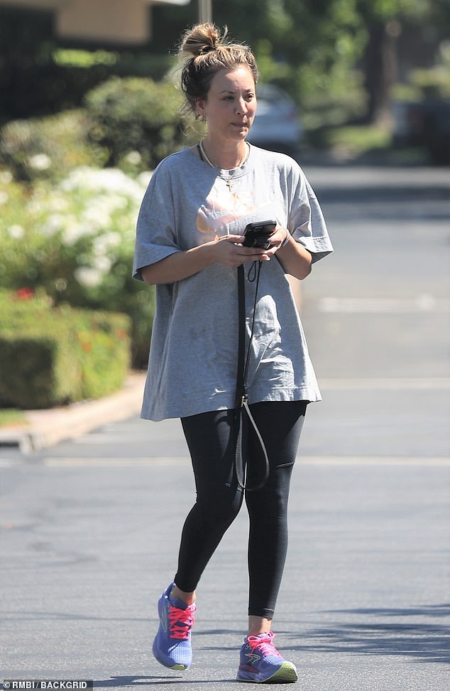 Sporty: The Big Bang Theory star Kaley Cuoco put on a casual display as she went makeup-free while leaving a grueling gym session in Agoura Hills, California