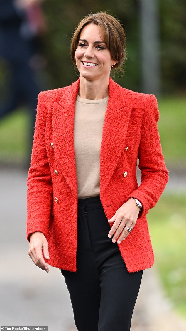 The Princess of Wales (pictured) wore a red blazer today as she took part in a play session for children's sensory development.