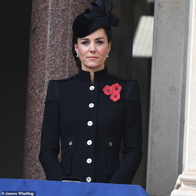 Kate Middleton, 38, paid tribute to the Queen, 94, on Remembrance Sunday by donning a set of Her Majesty's diamond and pearl earrings for the scaled-back event