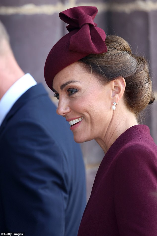 Kate Middleton paid a sweet tribute to the late queen today as she wore her earrings to a memorial service marking the first anniversary of her death