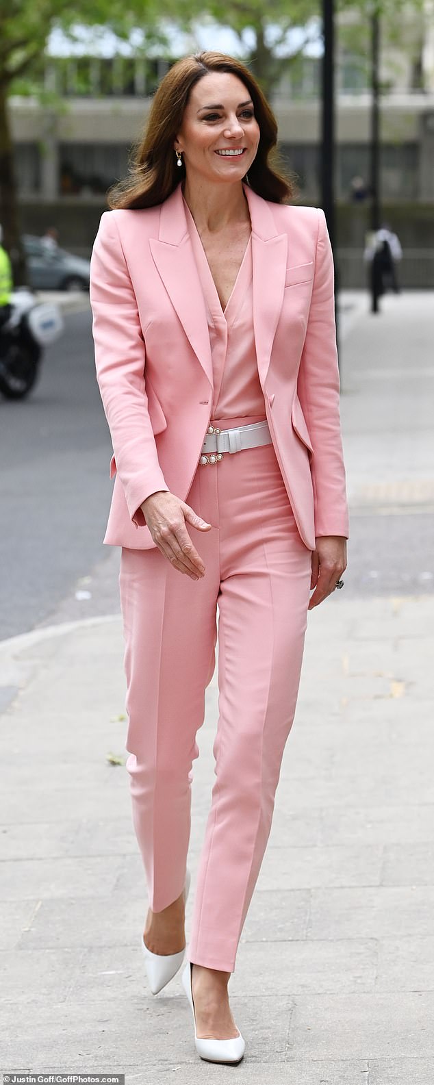 In May this year, the princess stepped out in a baby pink Alexander McQueen suit with a fitted jacket and cigarette-style trousers to attend an event in London.