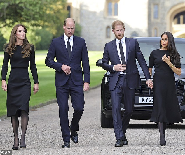 In remarkable scenes following the Queen's death last year, the Prince and Princess of Wales joined the Duke and Duchess of Sussex for a stroll around Windsor