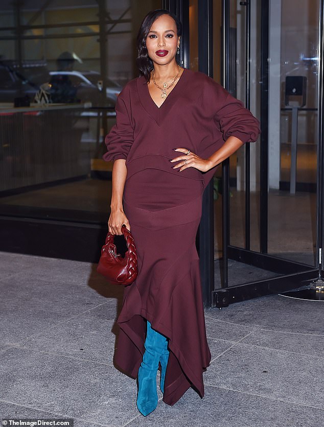 Opening: Kerry Washington, 46, has opened up about her life as she promotes her new memoir Thicker Than Water.  The actress looked sensational in a cognac skirt and top combination with turquoise suede boots on Watch What Happens Live Thursday