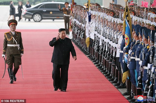 It is understood Kim will be accompanied by unnamed members of the country's ruling party, government and military.  Pictured: Kim Jong Un departs Pyongyang, North Korea, on Sunday to visit Russia