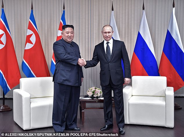 According to reports, Kim Jong Un is traveling to Russia by train amid rumors of a meeting with President Vladimir Putin to discuss a possible arms deal.  It will be the first meeting between the couple since April 2019 (pictured)