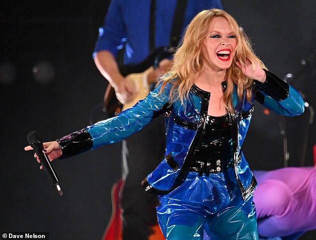 Looking good: Kylie Minogue turned heads in a bold blue ensemble as she performed on stage at BBC Radio 2 In The Park 2023 in Victoria Park on Sunday