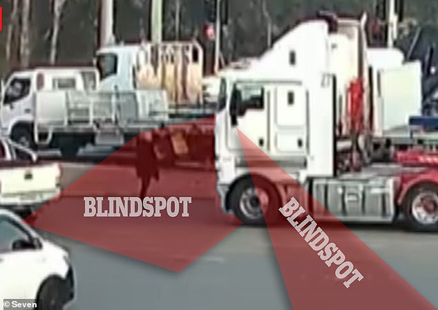 This image shows the blind spot areas for a driver of a Kenworth Cabover, where the engine sits under the cab.  Leonia Picone stands in front of the truck