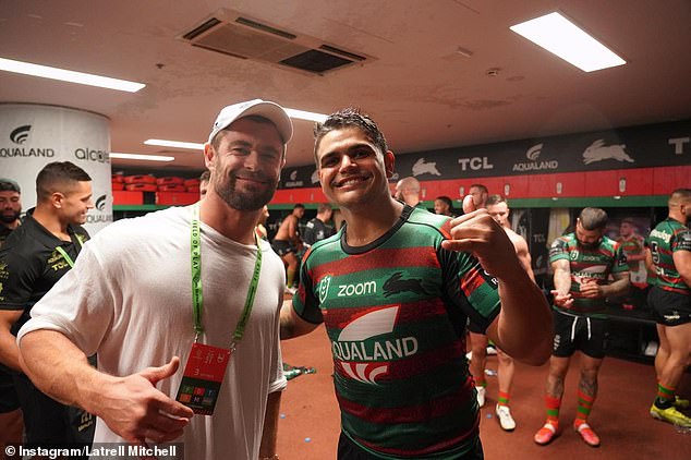 The Souths star's manager has threatened a media outlet with legal action over the claims made by the grandfather of two young boys (pictured, Mitchell with Chris Hemsworth)