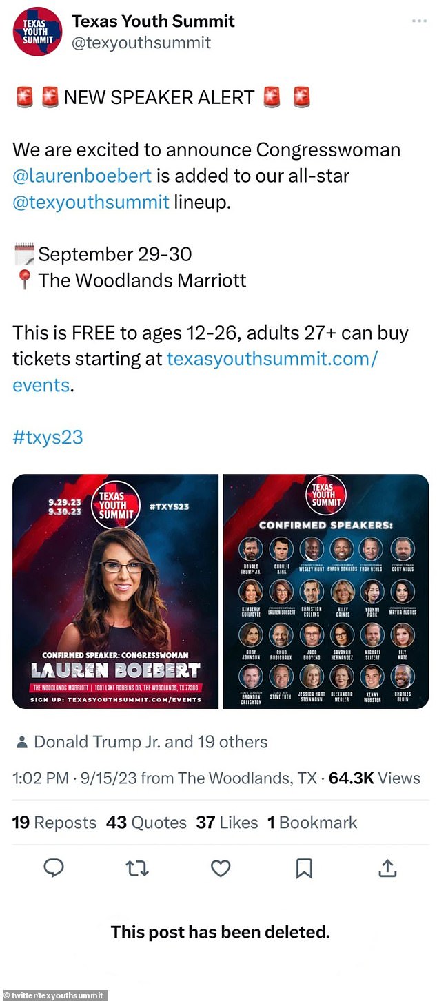 On Friday, the Texas Youth Summit announced that Rep. Lauren Boebert would speak at the event aimed at young conservatives in late September.  The posts have since been removed from Texas Youth Summit's social media pages