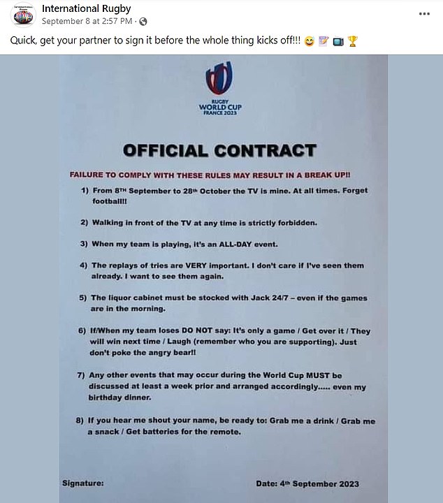 A light-hearted Rugby World Cup contract has gone viral among fans of the sport