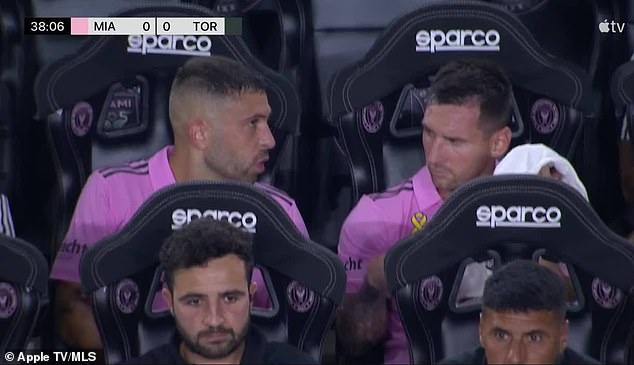 Messi and Jordi Alba (left) were sent off during the 4-0 win over Toronto on Wednesday night.