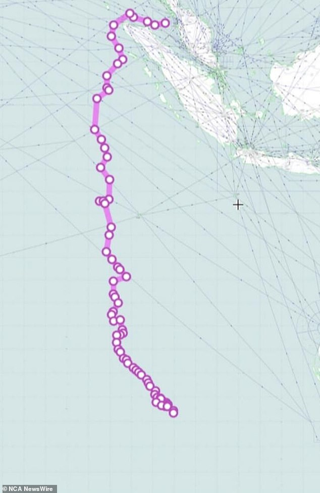 Approximate flight path of MH370, with the island of Sumatra at top right.  Image: included