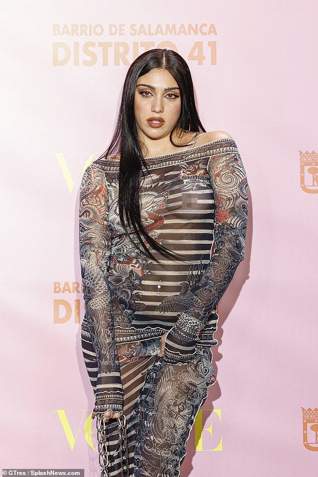 Bare all: Lourdes Leon showed off her bare chest on Thursday as she joined the fashion elite at this year's Vogue Fashion Night Out in Madrid, Spain