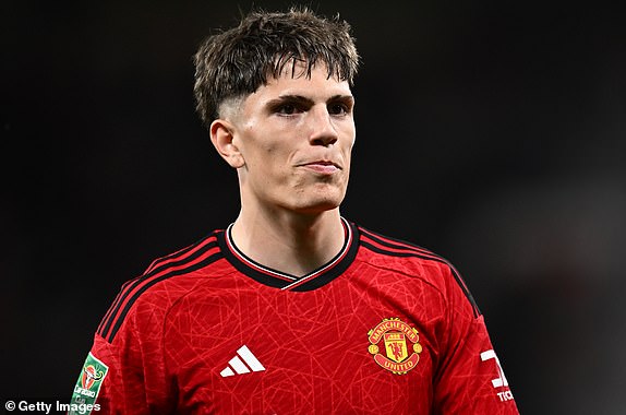 MANCHESTER, ENGLAND - SEPTEMBER 26: Alejandro Garnacho of Manchester United looks on during the Carabao Cup third round match between Manchester United and Crystal Palace at Old Trafford on September 26, 2023 in Manchester, England.  (Photo by Sebastian Frej/MB Media/Getty Images)