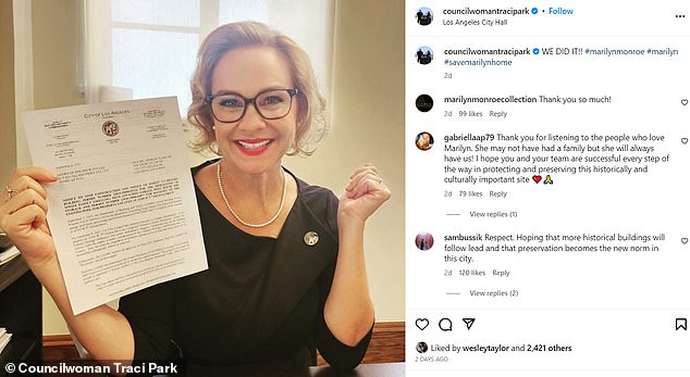 Councilwoman Traci Park introduced the preservation of Monroe's Brentwood House and posted her victory in temporarily halting the demolition on Instagram