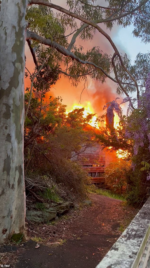 A massive house fire broke out in Marrickville, just blocks from the Prime Minister's home, on Thursday afternoon.  Pictured: the Hilltop Avenue fire in Sydney's west