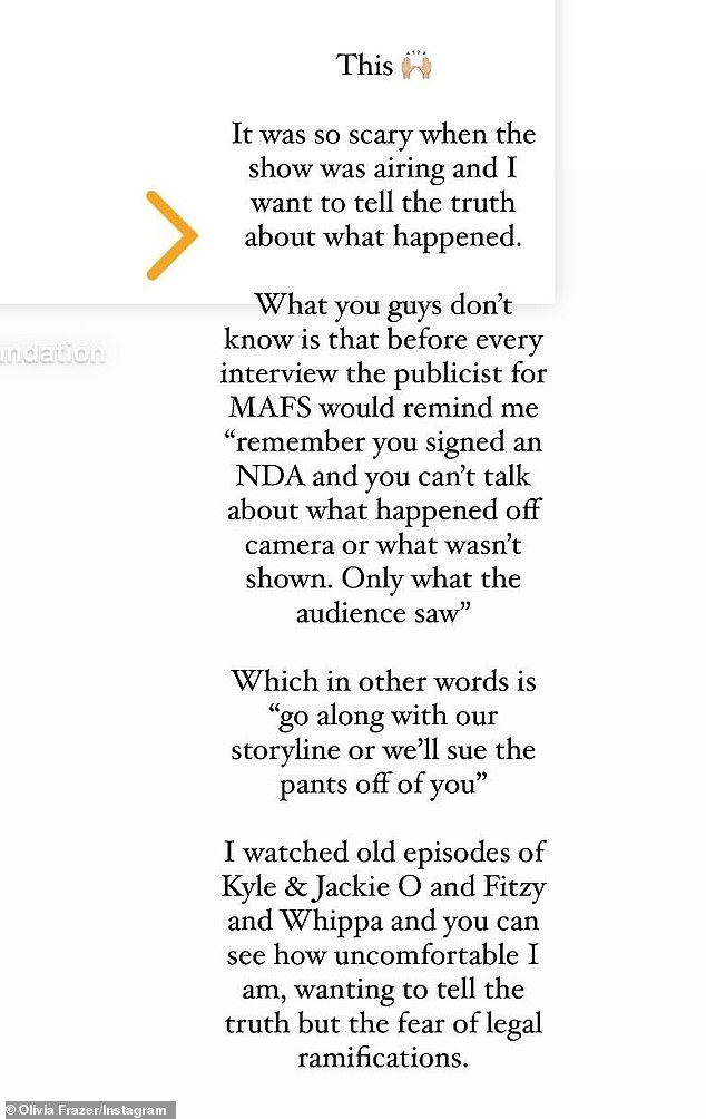 Posting about her experience, Olivia said: 'What y'all don't know is that before every interview the MAFS publicist would remind me to 'remember you signed a non-disclosure agreement and you can't talk about what happened off camera or whatever'.  was not shown.  Only what the public saw