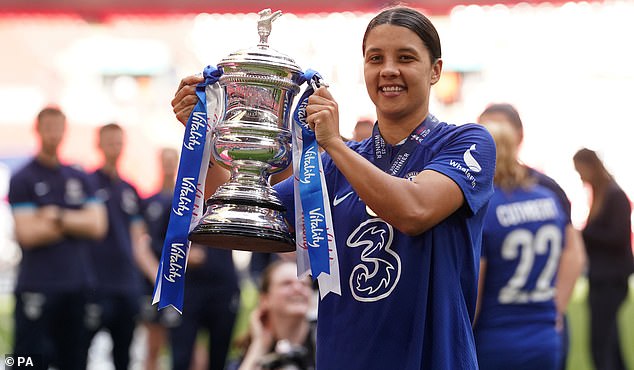 Sam Kerr came second in the women's category for UEFA's Player of the Year award (pictured, holding the FA Cup trophy)