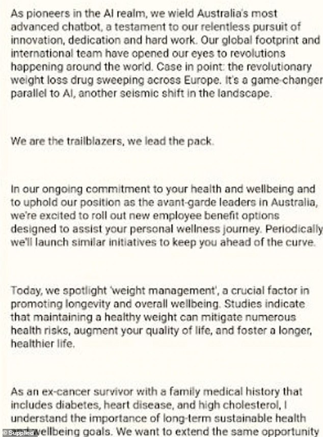 Conversion Digital, which has more than 70 employees, sent staff an email detailing its new 'weight management' program