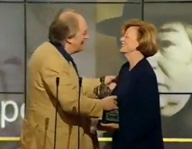 Sir Michael's hilarious 1995 Evening Standard Award performance saw him say 'F*** me' as he collected his Best Actor gong shortly after kissing Dame Maggie Smith on the cheek (pictured)