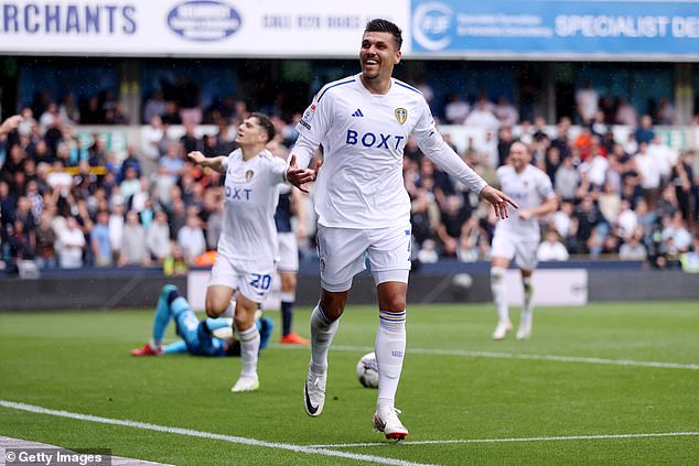 Joel Piroe celebrates the second of his two goals as Leeds eased to a 3-0 away win against Millwall