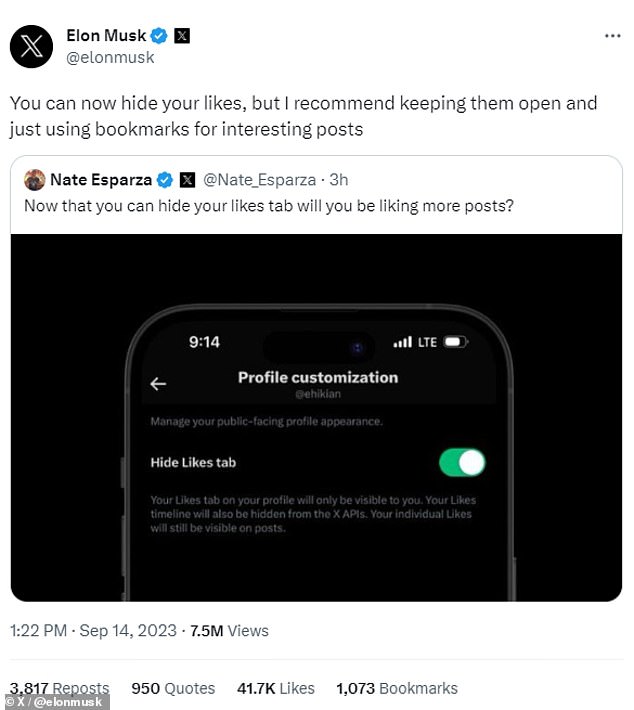 Billionaire tech mogul Elon Musk has announced that users can now keep the posts they 'like' private, with a simple twist of the new 'Hide Likes' toggle