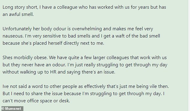 The anonymous user took to the British forum Mumsnet to share her experiences with the smelly colleague