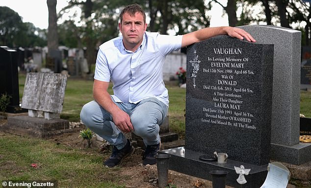 Richard Vaughan, pictured at his mother's grave, begs his father Hassan to reveal where he dumped her body after her murder in June 1993