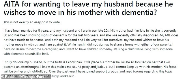 The woman is considering leaving her husband after eight years because she does not want to put her life on hold for potentially twenty years.  She doesn't believe he can balance loving both equally and that their relationship would 'rightfully' take a backseat