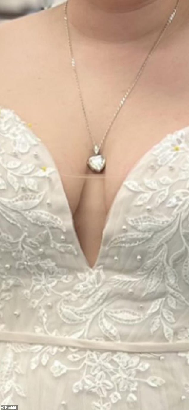 A bride-to-be has revealed that her mother altered her wedding dress without her knowledge because it showed 'too much cleavage' (dress pictured before the alteration)