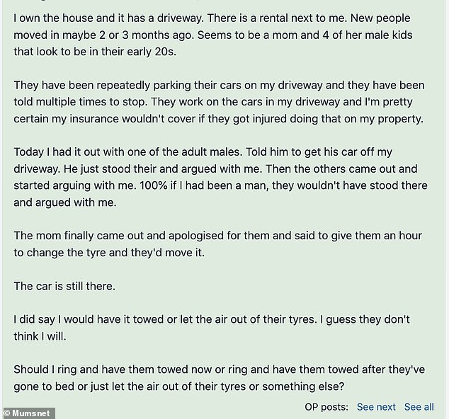 The woman took to British parenting platform Mumsnet and explained that she asked them to remove their car, but instead they argued with her