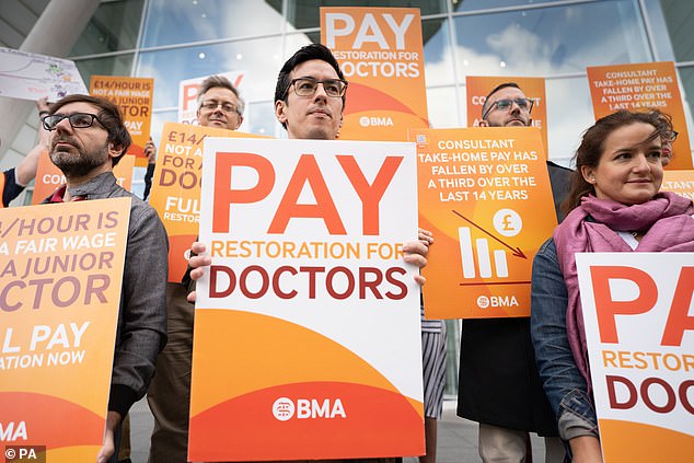 A total of 1,015,067 surgeries and consultations have been affected by strikes since nurses first walked out in December (photo: doctors struck in London last week)