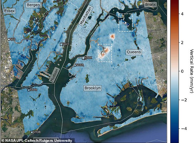 In mapping vertical land movements across the New York City area, researchers found that the land is sinking an average of about 0.06 inches per year (indicated in blue).  They also found a modest increase (shown in red) in Queens and Brooklyn.  White dotted lines indicate the boundaries of the provinces/municipalities.