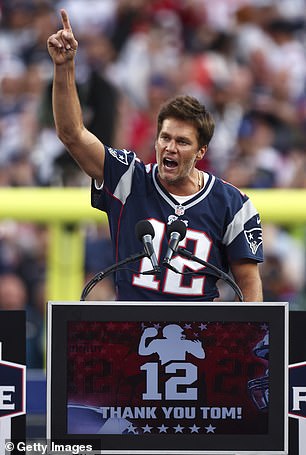 Former quarterback Tom Brady gives a speech as he is honored by the New England Patriots during halftime of an NFL football game between the New England Patriots and the Philadelphia Eagles at Gillette Stadium on September 10