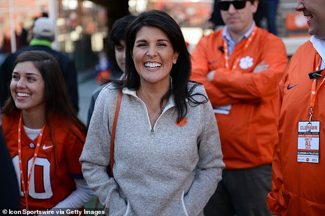 Nikki Haley photographed with her daughter (left) at her alma mater Clemson.  Haley spoke on the campaign trail Thursday about how her college roommate was raped, saying she 