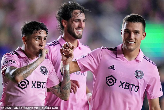 Inter Miami's Facundo Farias (11) celebrates after scoring a goal against Sporting Kansas City