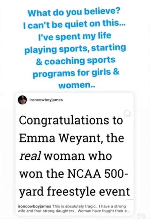 Russell shared a post giving her personal thoughts on transgender swimmer Lia Thomas winning an NCAA championship in March 2022