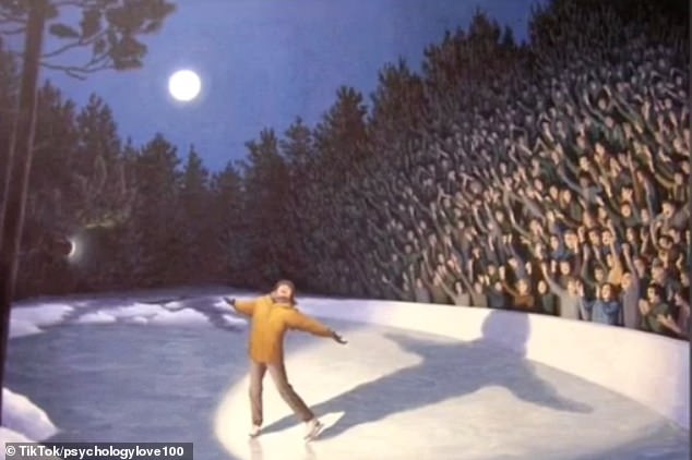 The image shows what appears to be a man skating on a frozen lake, to the left of a dark green forest and next to crowds of shocked people