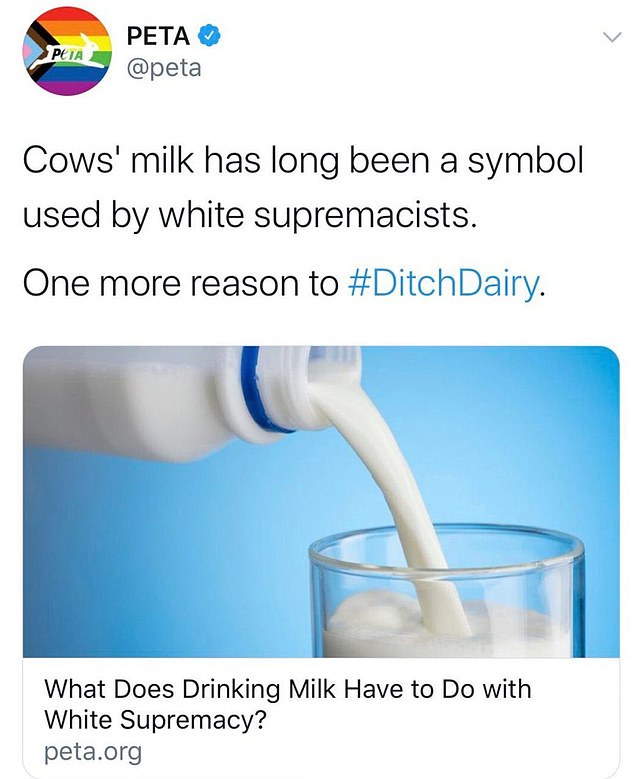 “Aside from 'lactose tolerant' white supremacists, cow's milk is truly the perfect beverage of choice for all (even unwitting) supremacists, as the dairy industry inflicts extreme violence on other living beings,” PETA wrote on its website