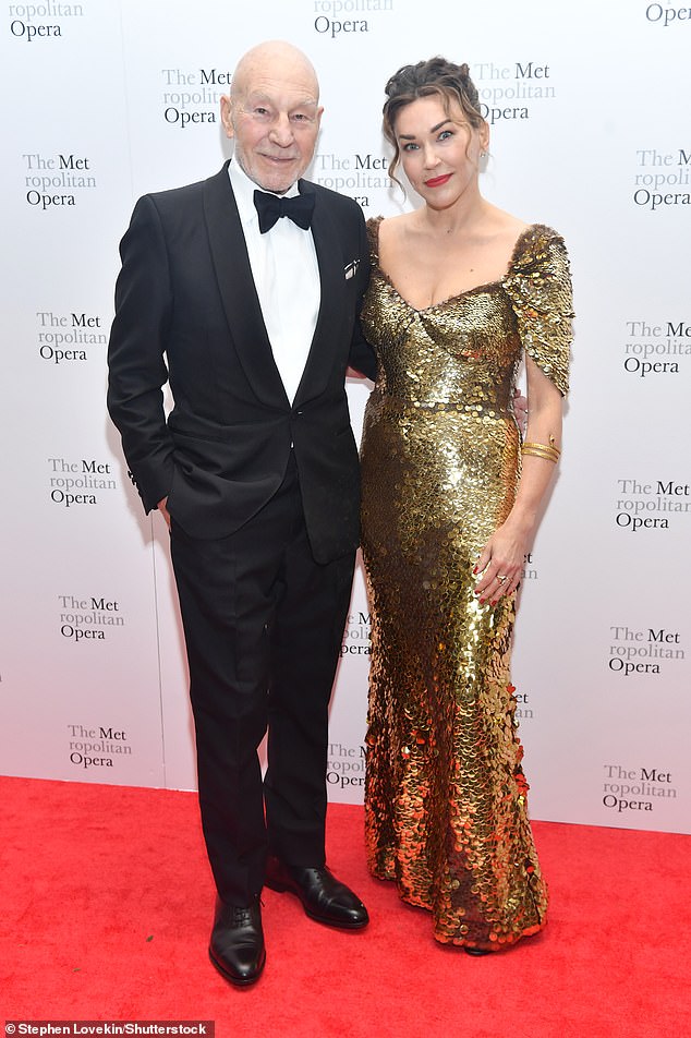 Looking good: Patrick Stewart, 83, cozy up with his wife Sunny Ozell, 44, at the opening gala of the Metropolitan Opera's Dead Man Walking at Lincoln Center in New York City on Tuesday