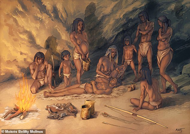 An artist's impression of the use of Mesolithic baskets by a group of hunter-gatherers in the Cueva de los Murciélagos de Albuñol