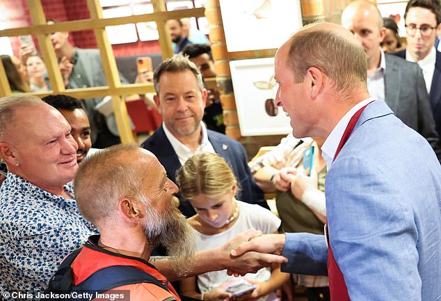 Prince William speaks with Paul Gascoigne today at Pret A Manger in Bournemouth