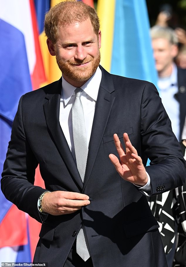 Body language expert Judi James said Harry (pictured) keeping his hand on his blazer button 'plays a minor role as a barrier gesture'