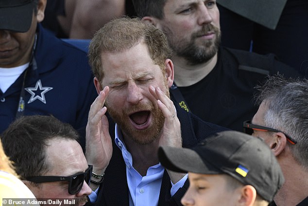 The Duke of Sussex could be seen putting his hands over his mouth and cheering along with the crowd